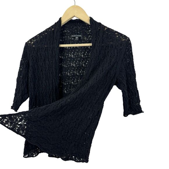 Eileen Fisher Small Wool Cardigan Sweater Crop Black Sheer Crochet Lace Womens - Picture 10 of 12